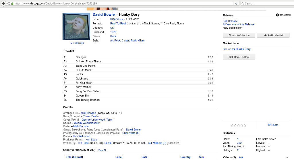 discogs hunky dory reel