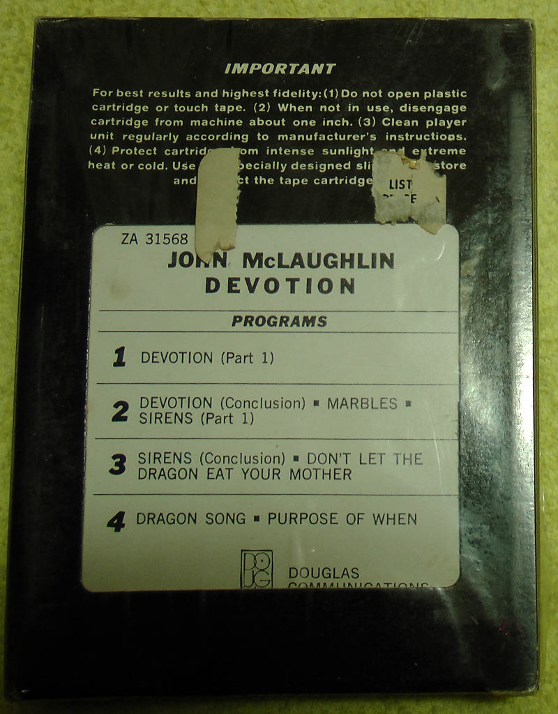 john mclaughlin devotion 8 track cartridge back